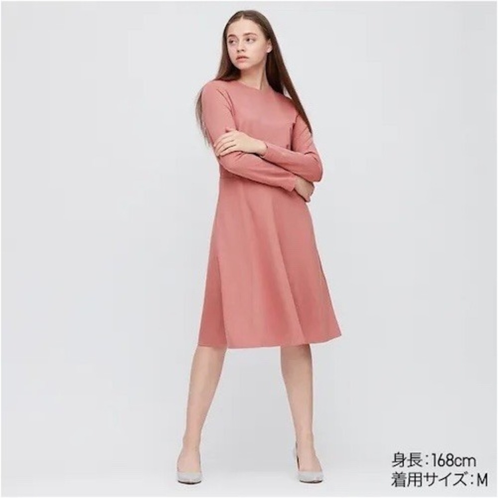 Uniqlo Ponte Long Sleeve Fit and Flare Dress Womens Size M Pink Mauve Pockets